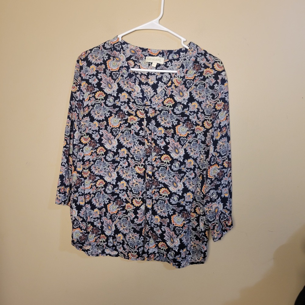 Lucy & Laurel Paisley Blouse Womens Large Navy Blue Excellent Boho Split Neck